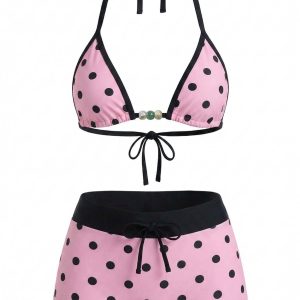 1950s Polka Dots Tie Halter Beaded Swimwear Set