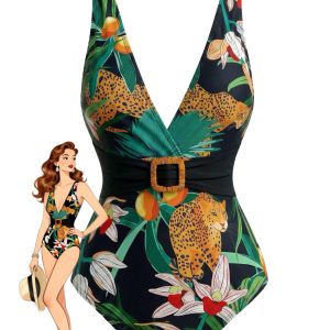 1950s Tropical Leopard Buckle V-Neck One Piece Swimsuit