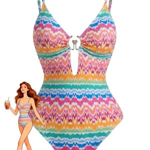 Multicolor 1950s Chevron Print Heart Ring One-Piece Swimsuit