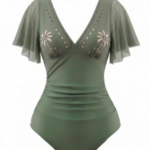 1950s V-Neck Hollow Ruffle Sleeve Palm Tree Swimsuit