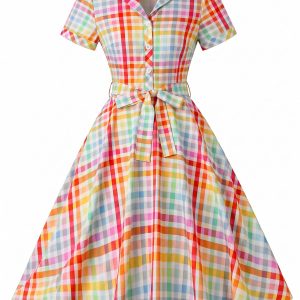 Multicolor 1940s Plaid Lapel Short Sleeve Dress
