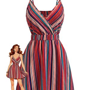 1970s V-Neck Boho Style Striped Mini Dress
