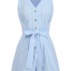 1950s V-Neck Stripes Sleeveless Belted Romper