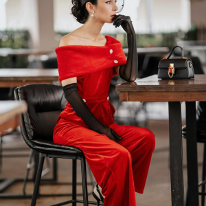 Red 1950s Velvet Off Shoulder Button Jumpsuit