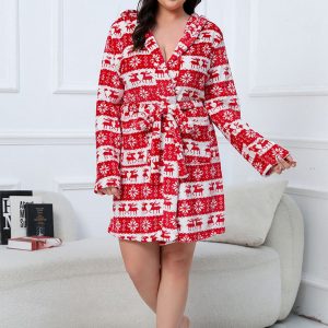 [Plus Size] 1950s Winter Print Plush Hooded Robe
