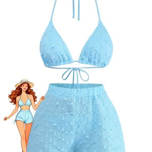 3PCS Sky Blue 1960s Triangle Bikini & Tie Shorts Set