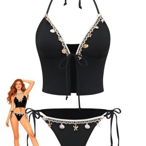 Black 1960s Seashell Detail Tied Halter Tankini Set