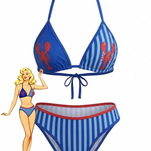Blue 1960s Lobster Print Striped Triangle Bikini Set