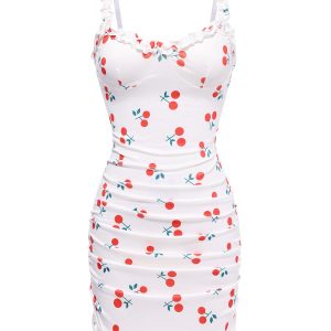 1960s Red Cherry Ruffled Hem Straps Nightgown