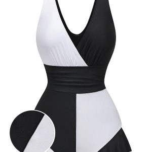 1960s Color Block Ruffle One Piece Swimsuit