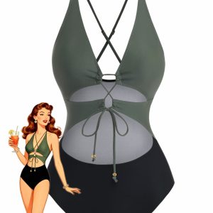1960s Cutout Lace-Up Plunging One-Piece Swimsuit