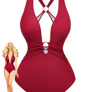 1960s Deep-V Ruched Metal Ring One-Piece Swimsuit