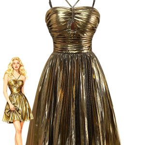 Gold 1960s Metallic Pleated Cutout Party Strap Dress