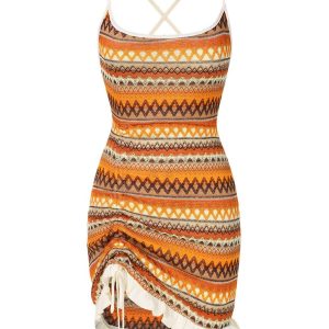 Multicolor 1960s Bohemian Drawstring Knit Straps Dress