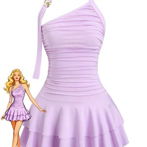 Purple 1960s Backless Ruffle Metal Detail Cake Dress