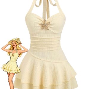 Yellow 1960s Textured Metal Starfish Halter Layered Mini Dress