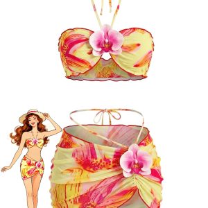 2PCS 1960s Floral Print Halter Bikini Set & Bodycon Cover-Up