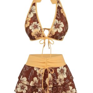 Brown 1960s Floral Print Tie-Front Layered Bikini Set