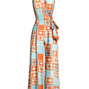 [Pre-Sale] 1960s Halter Colorblock Floral Sleeveless Jumpsuit