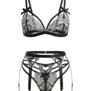 1960s Black Lace Heart Design Lingerie Set