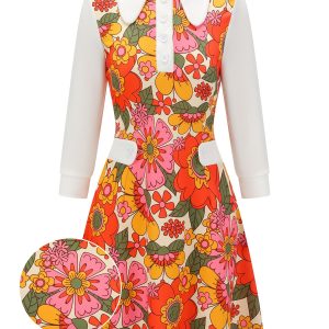 Orange 1960s Lapel Flowers Patchwork Dress