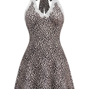 1960s Leopard Print Lace Trim Halter Nightgown
