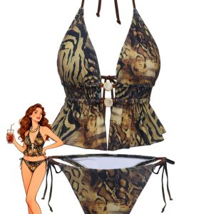 Light Brown 1960s Leopard Halter Tie-Front Ruffle Tankini Set