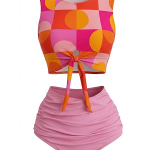 Orange 1960s Geometric Print High Waist Tankini Set
