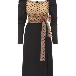 1960s Polka Dot Waist Bow Long Sleeve Dress