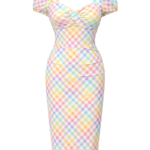 1960s Rainbow Plaid Square Neck Puff Dress