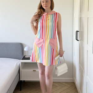 1960s Rainbow Stripe Heart Pocket Dress