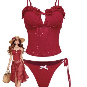 Red 1960s Embroidered Cutout Ruffled Side-Tie Tankini Set