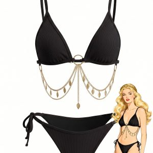 1960s Ribbed Gold Chain Triangle Bikini Set