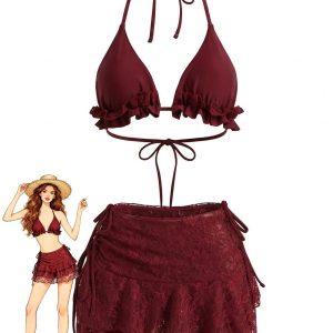 1960s Ruffled Halter Bikini Set & Floral Lace Cover-Up