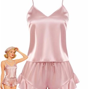 Pink 1960s Slip Ruffle Satin Pajama Set
