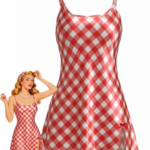 1960s Slip Satin Gingham Side Slit Nightgown