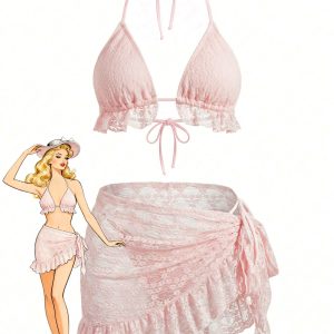 2PCS 1960s Solid Halter Lace Bikini Set & Ruffle Cover-Up