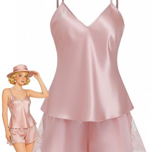 1960s Solid Lace Trim Satin Cami Patchwork Pajama Set