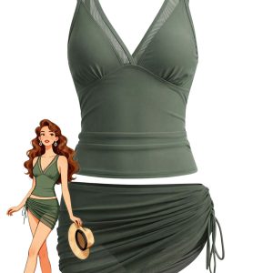 1960s Solid Mesh V-Neck Tankini Set & Ruched Skirt