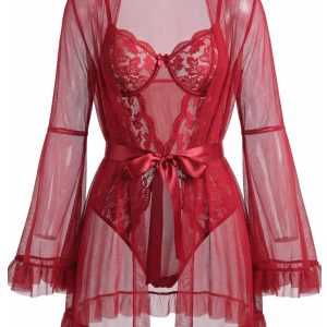 Red 1960s Solid Sheer Lace Patchwork Sleepwear Set