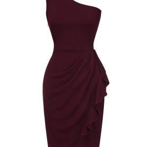1960s Solid Tulip Hem Ruffle One-Shoulder Dress