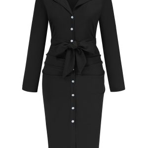 1960s Solid V-Neck Pleated Button Dress