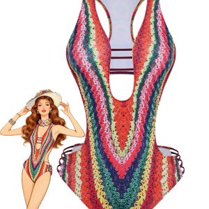 Multicolor 1960s Rainbow Cutout Strappy Faux Crochet Swimsuit