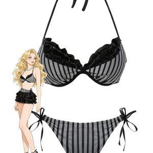 Grey 1960s Striped Mesh Halter Bow Bikini Set