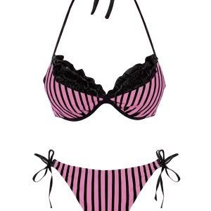 Pink 1960s Striped Mesh Halter Bow Bikini Set