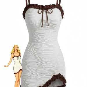2PCS White 1960s Ruffle Tie Front Textured Bodycon Swimsuit