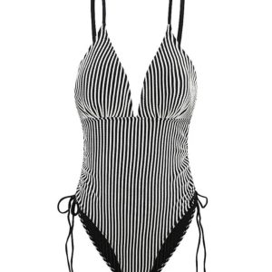 1960s Spaghetti Strap Contrast Stripes One-Piece Swimsuit