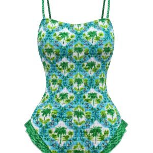 1960s Tropical Coconut Palm Tree Print Swimsuit