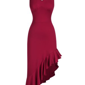 1960s V-Neck Oblique Ruffled Hem Sleeveless Dress