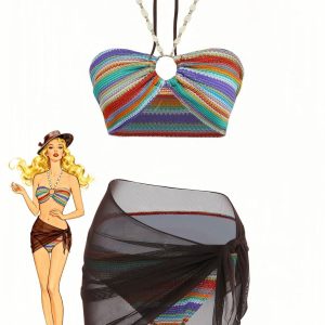 3PCS Multicolor 1970s Halter Rainbow Stripes Shell-Strap Bikini Set